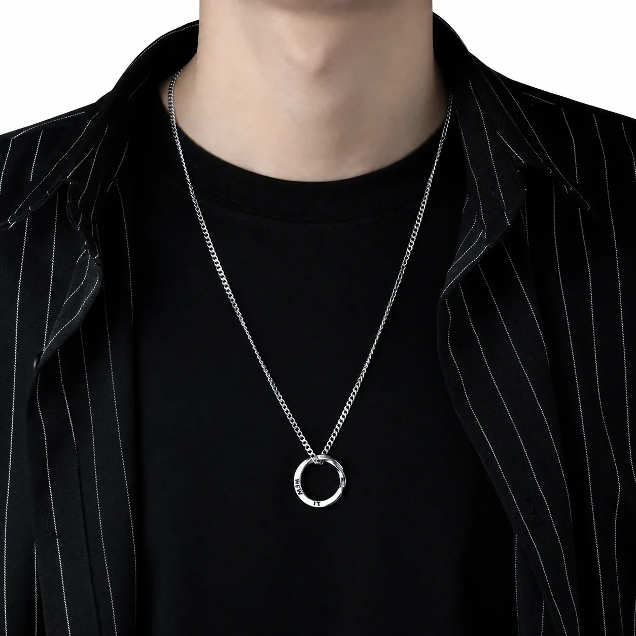 Sculptural Stainless Steel Twisted Ring Curb Pendant Necklace