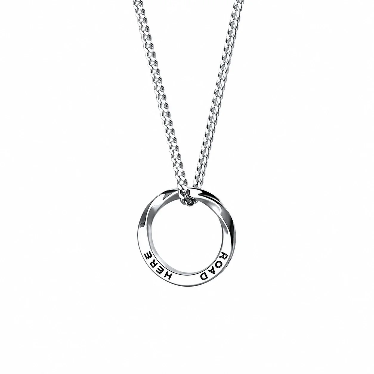 Sculptural Stainless Steel Twisted Ring Curb Pendant Necklace - Silver Mobius