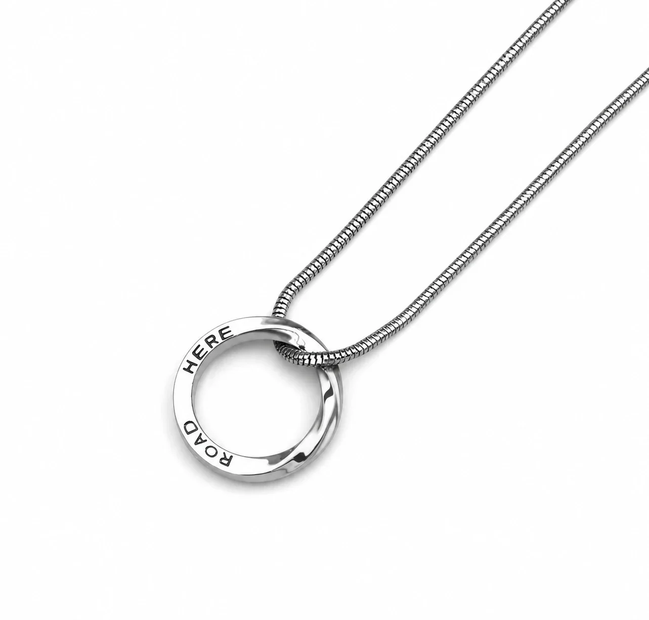 Sculptural Stainless Steel Twisted Ring Curb Pendant Necklace - Silver Mobius Snake cm