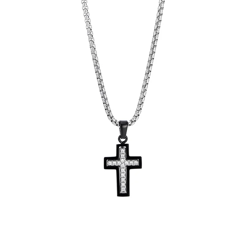 316 Stainless Steel Pavé Cross Pendant Necklace