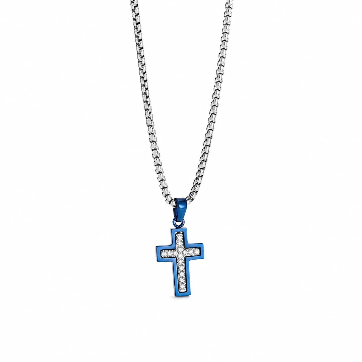 316 Stainless Steel Pavé Cross Pendant Necklace - Blue Silver Pavé
