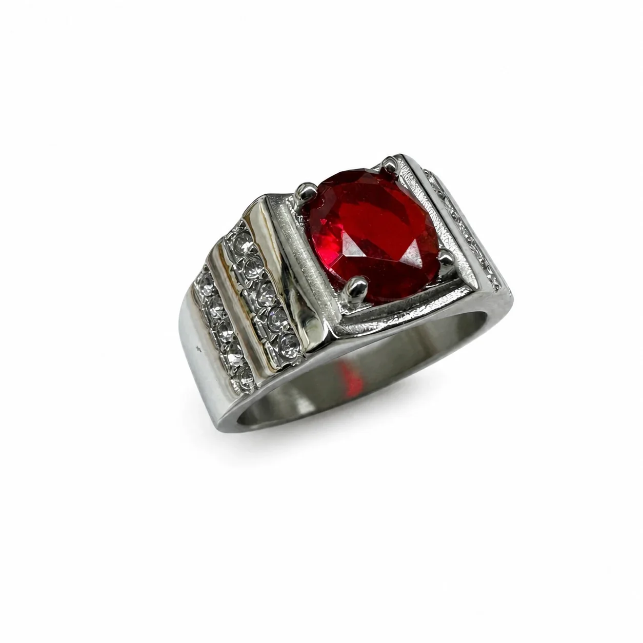 Bold 316 Stainless Steel Oval Stone Signet Ring - Red