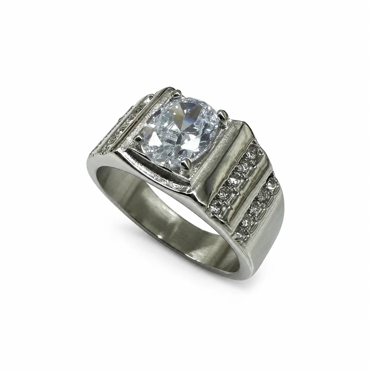 Bold 316 Stainless Steel Oval Stone Signet Ring - Clear