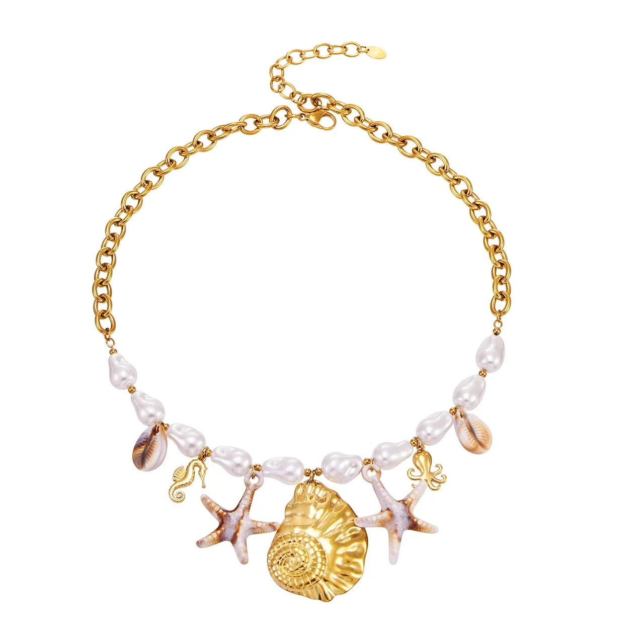 Muschel-Anhänger Edelstahl-Halskette 316L, 18K vergoldet, mit Perleneffekt-Charms - PVD