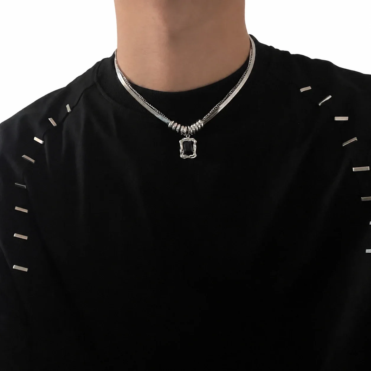 Layered Stainless Steel Snake Chain Ringed Crystal Necklace