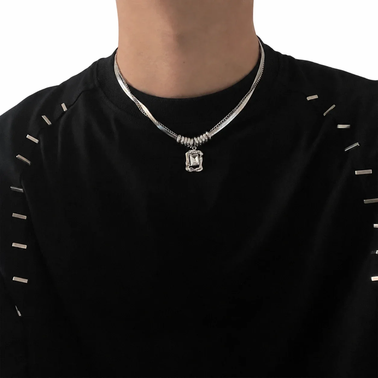 Layered Stainless Steel Snake Chain Ringed Crystal Necklace