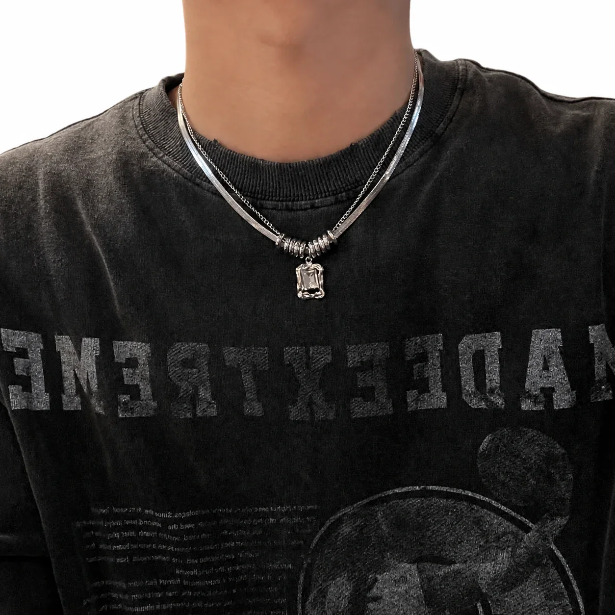 Layered Stainless Steel Snake Chain Ringed Crystal Necklace