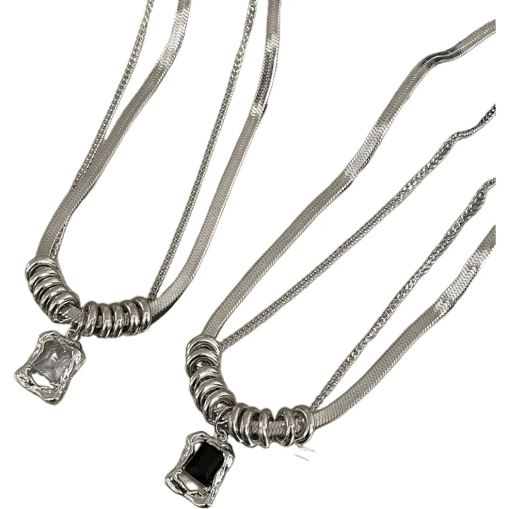 Layered Stainless Steel Snake Chain Ringed Crystal Necklace