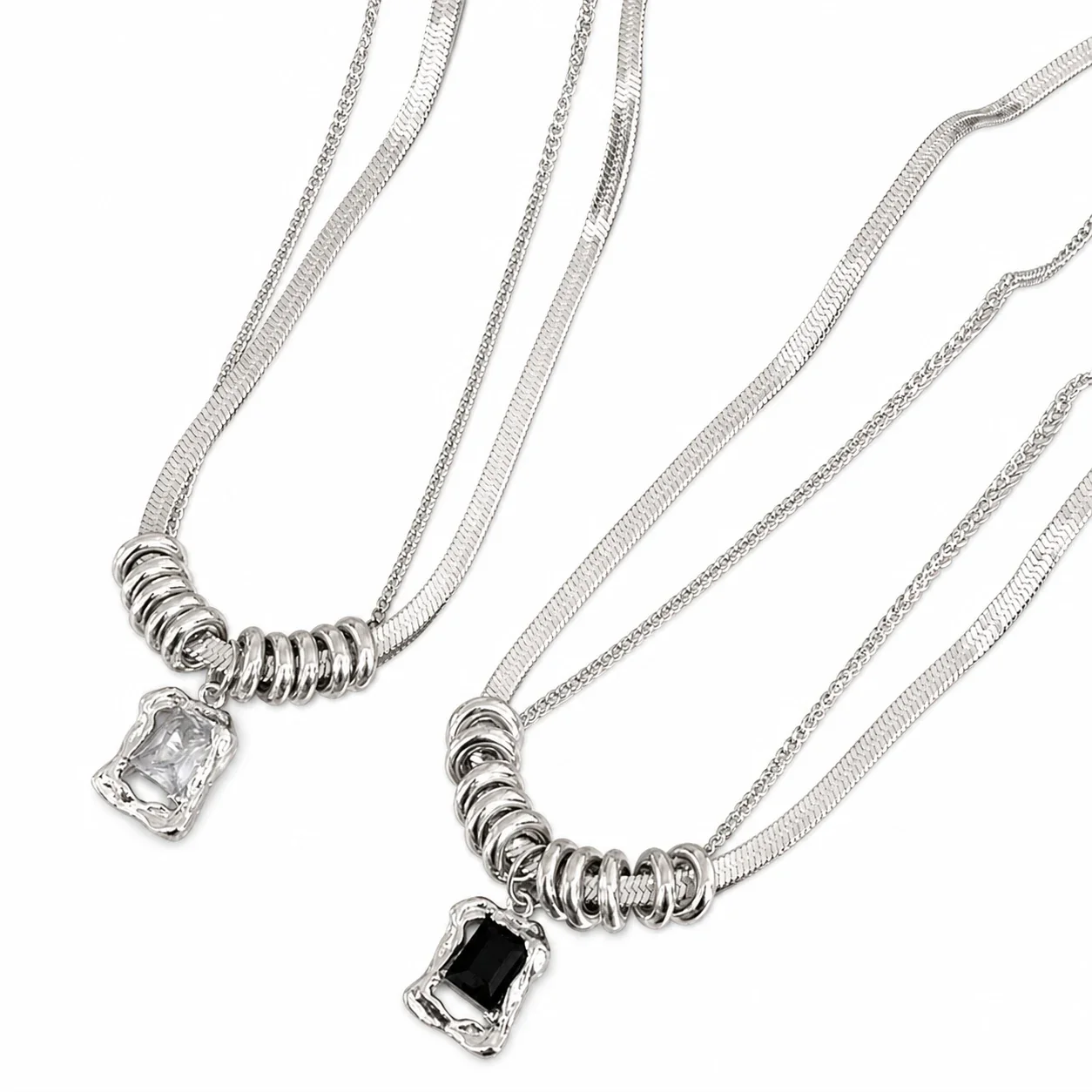 Layered Stainless Steel Snake Chain Ringed Crystal Necklace - Clear Crystal