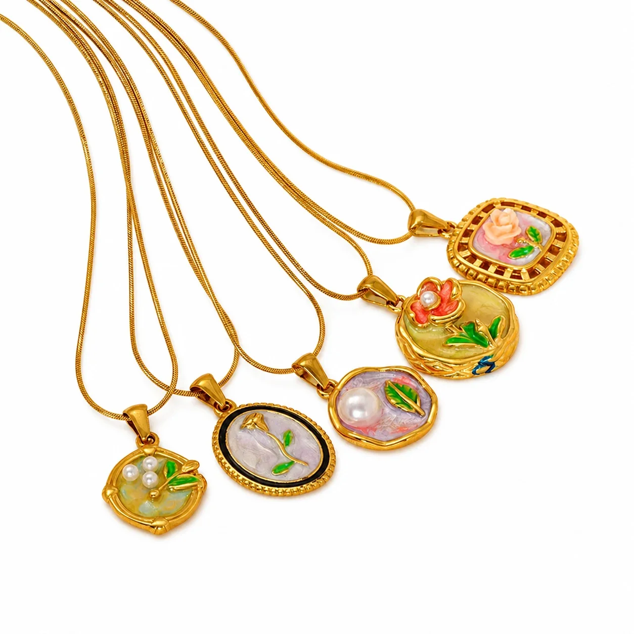 Vintage Gold-Plated Snake Chain Floral Enamel Pendant Necklace
