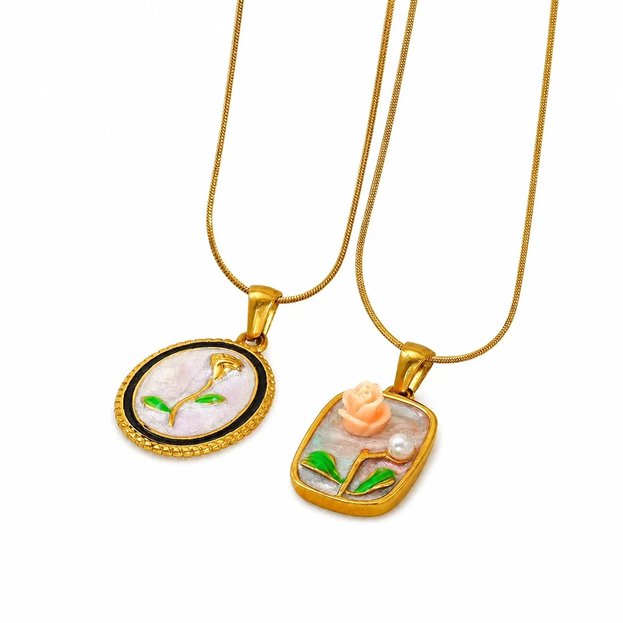 Vintage Gold-Plated Snake Chain Floral Enamel Pendant Necklace