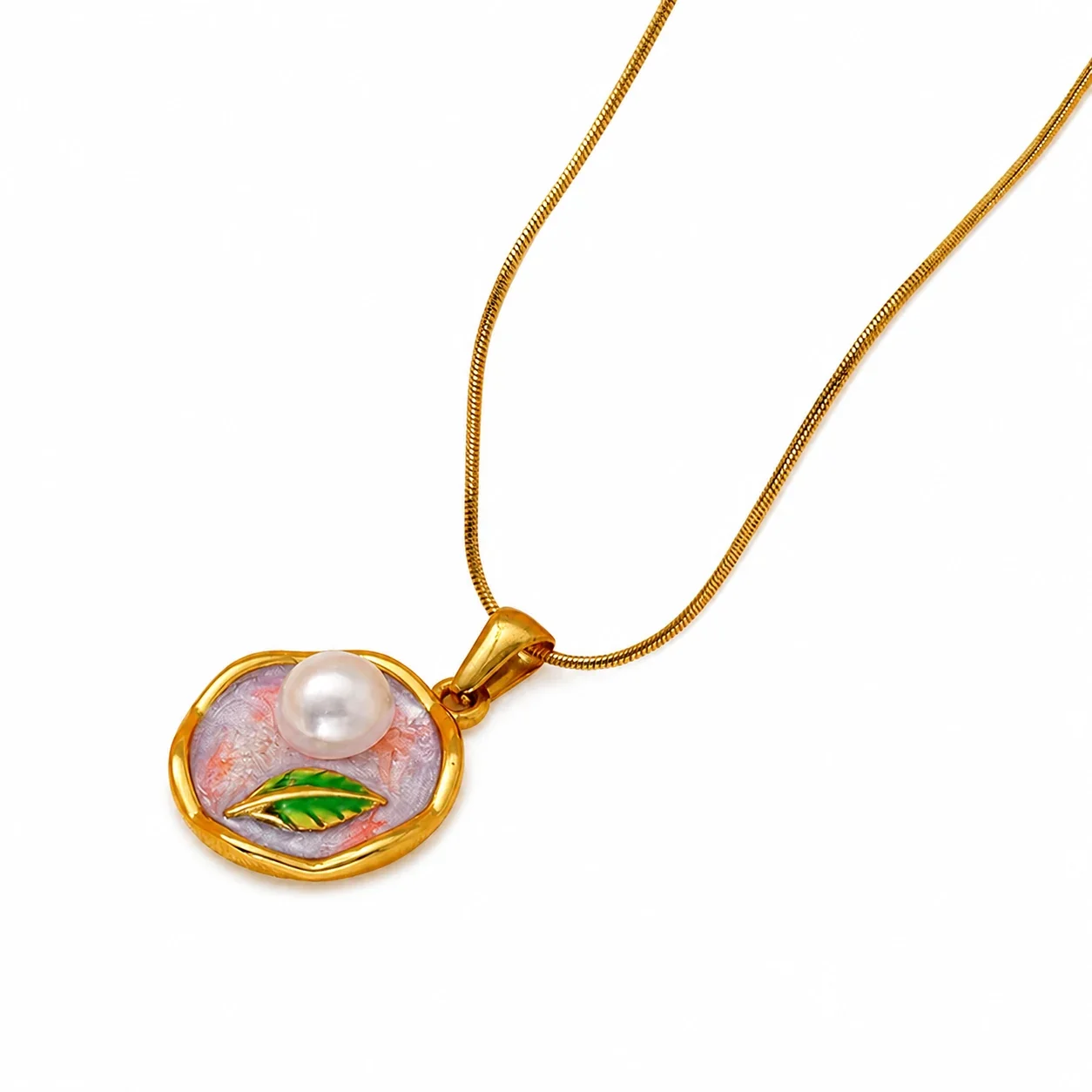 Vintage Gold-Plated Snake Chain Floral Enamel Pendant Necklace