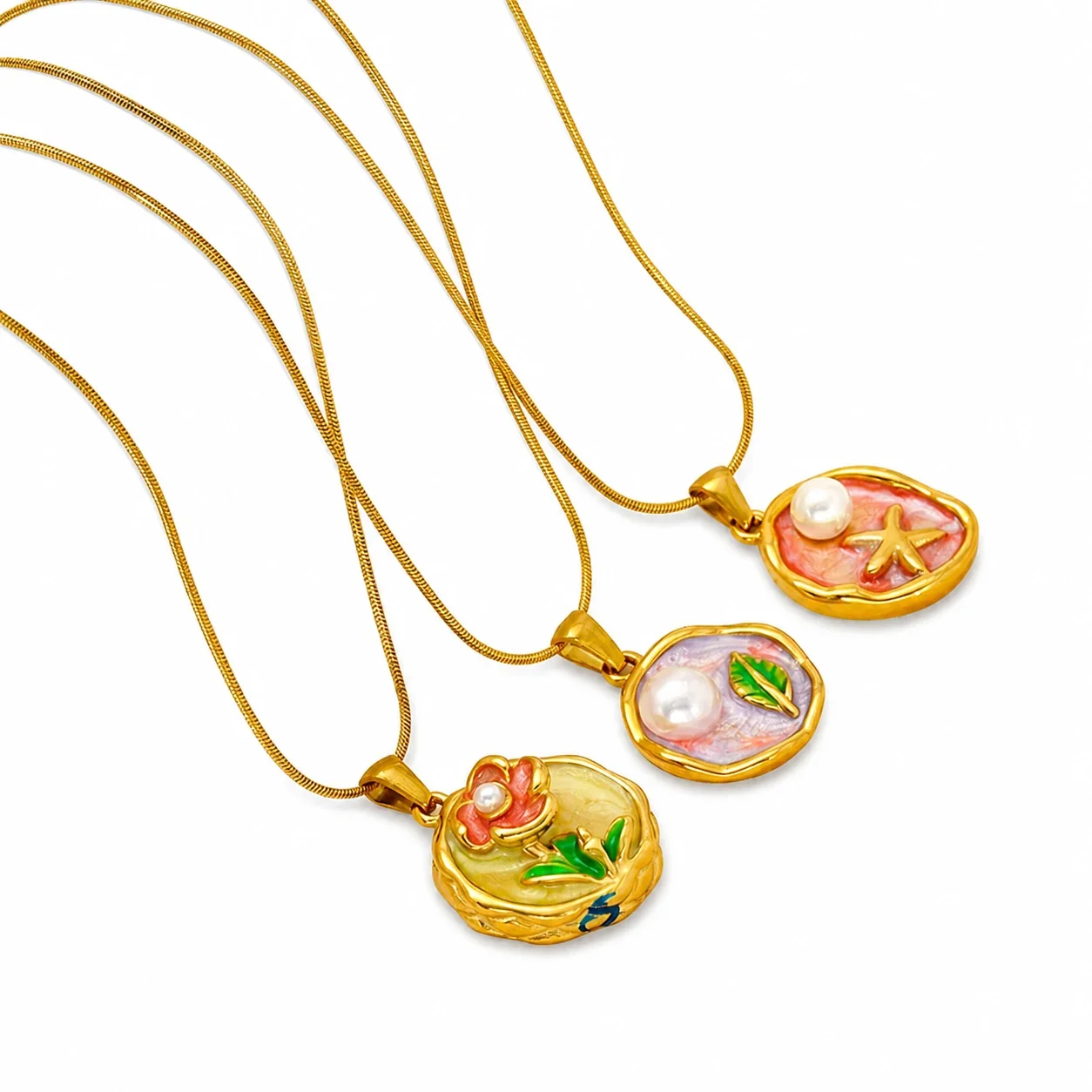 Vintage Gold-Plated Snake Chain Floral Enamel Pendant Necklace