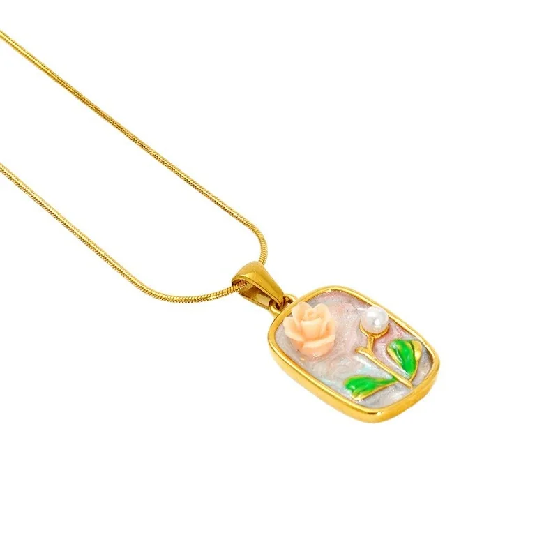 Vintage Gold-Plated Snake Chain Floral Enamel Pendant Necklace