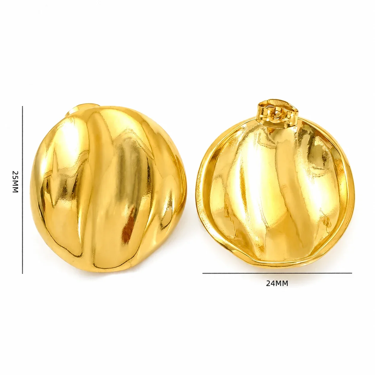 Sculptural Gold-Plated Hammered Dome Stud Earrings - Gold Round Grooved Dome