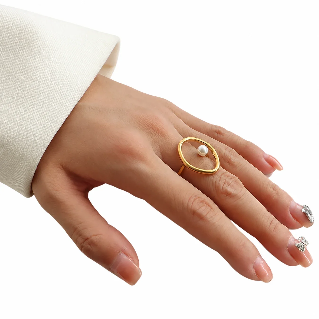 Oval Orbit Pearl-Effect 18K Gold-Plated Steel Ring