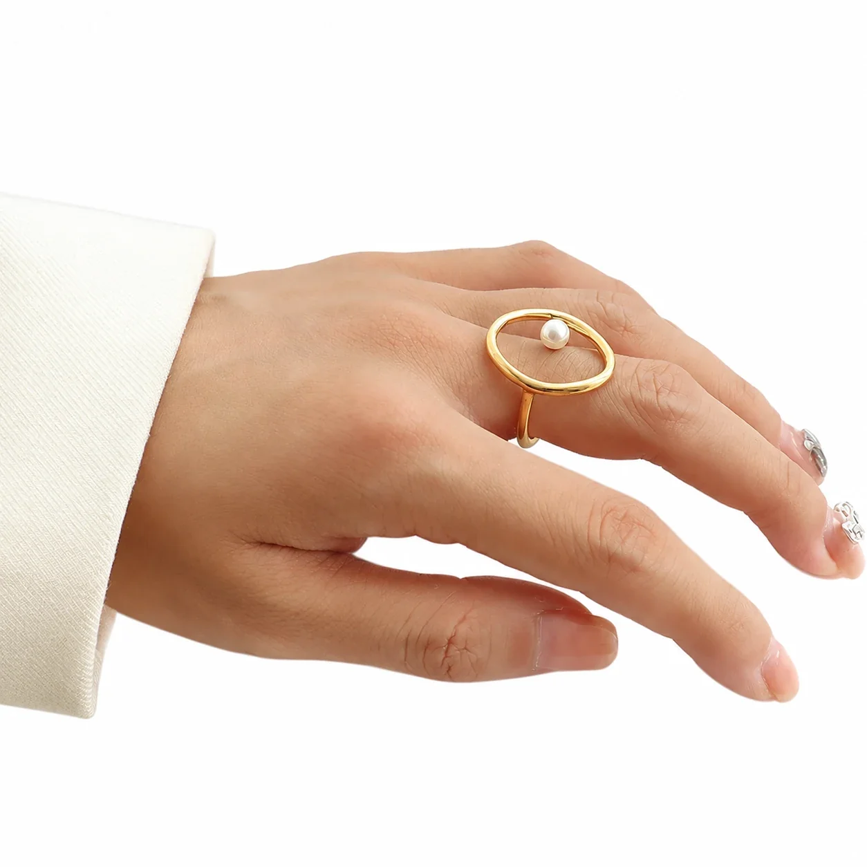 Oval Orbit Pearl-Effect 18K Gold-Plated Steel Ring