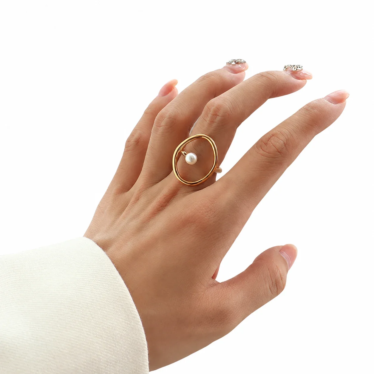 Oval Orbit Pearl-Effect 18K Gold-Plated Steel Ring