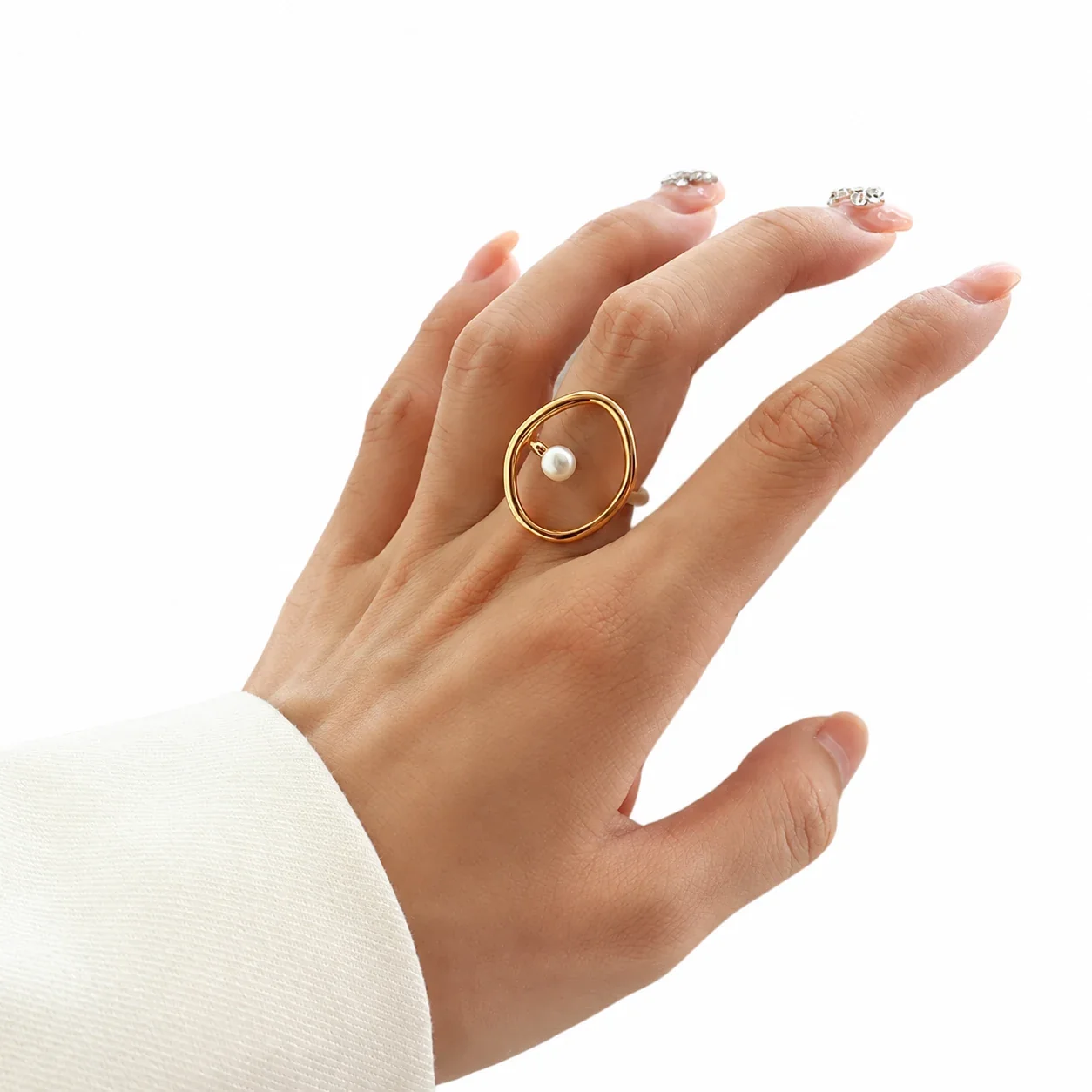 Oval Orbit Pearl-Effect 18K Gold-Plated Steel Ring - Gold