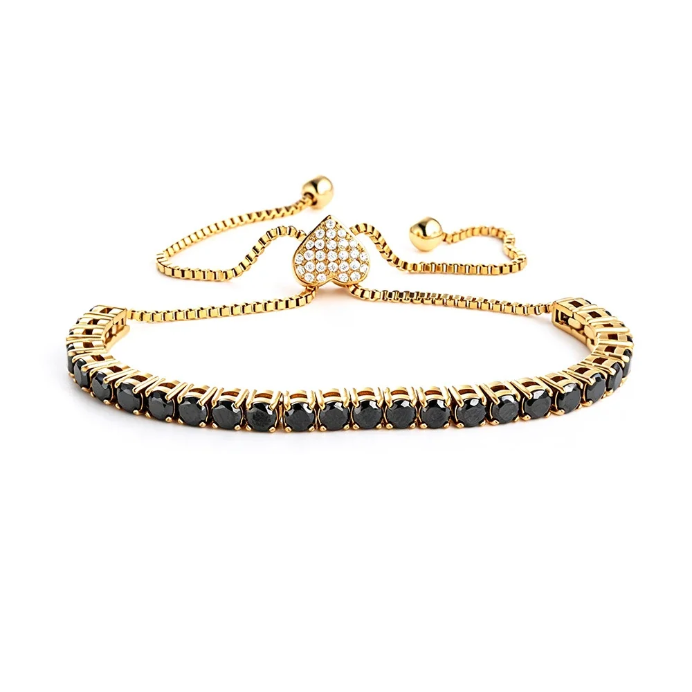 Polished 316 Stainless Steel Round CZ Tennis Bracelet - mm Gold Heart Slider Black CZ