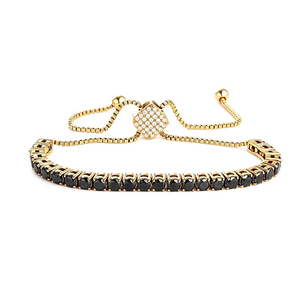 Polished 316 Stainless Steel Round CZ Tennis Bracelet - mm Gold Square Slider Black CZ
