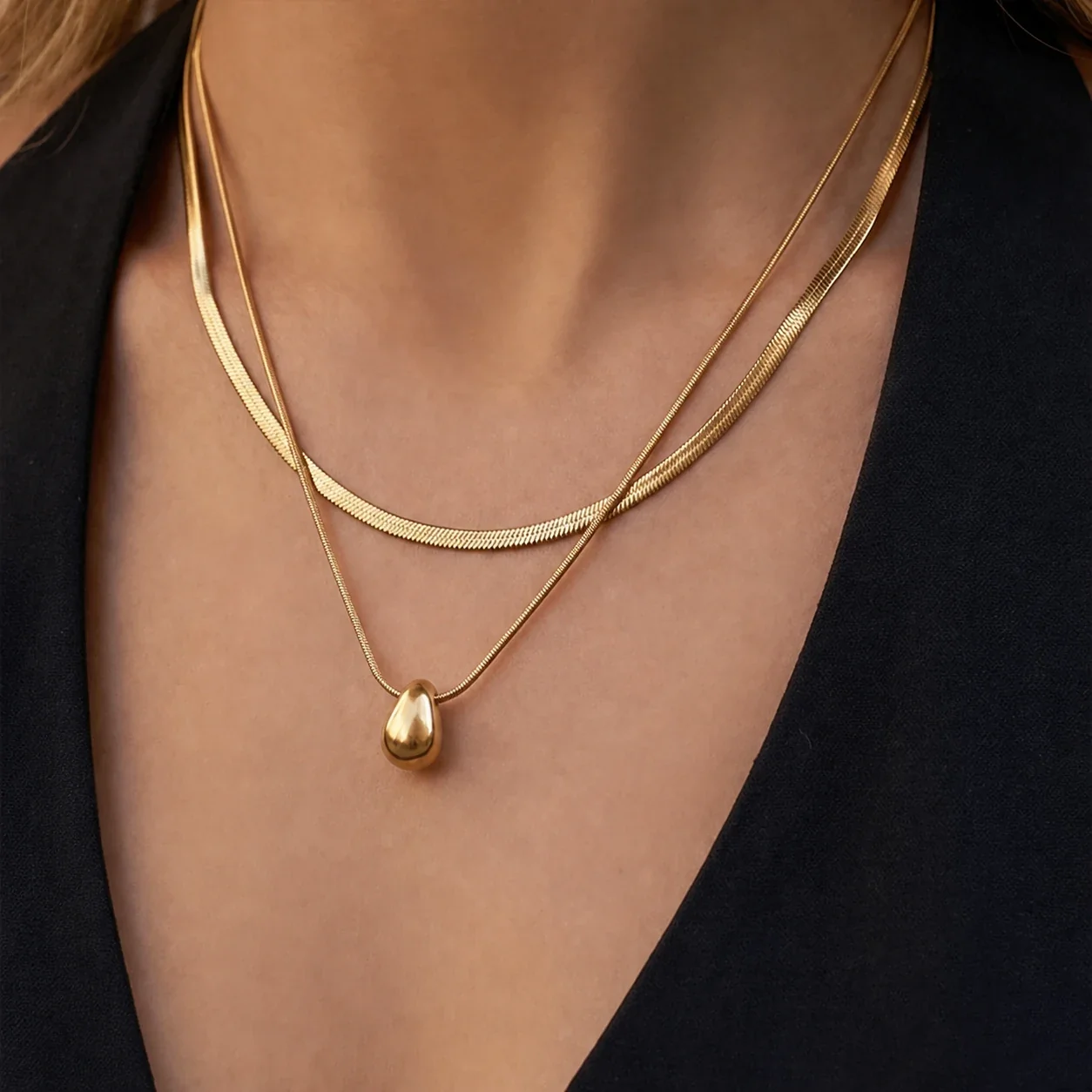 Polished 18K Gold-Plated Herringbone Teardrop Necklace