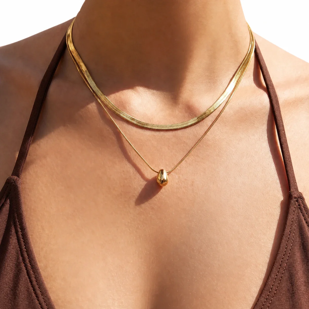 Polished 18K Gold-Plated Herringbone Teardrop Necklace
