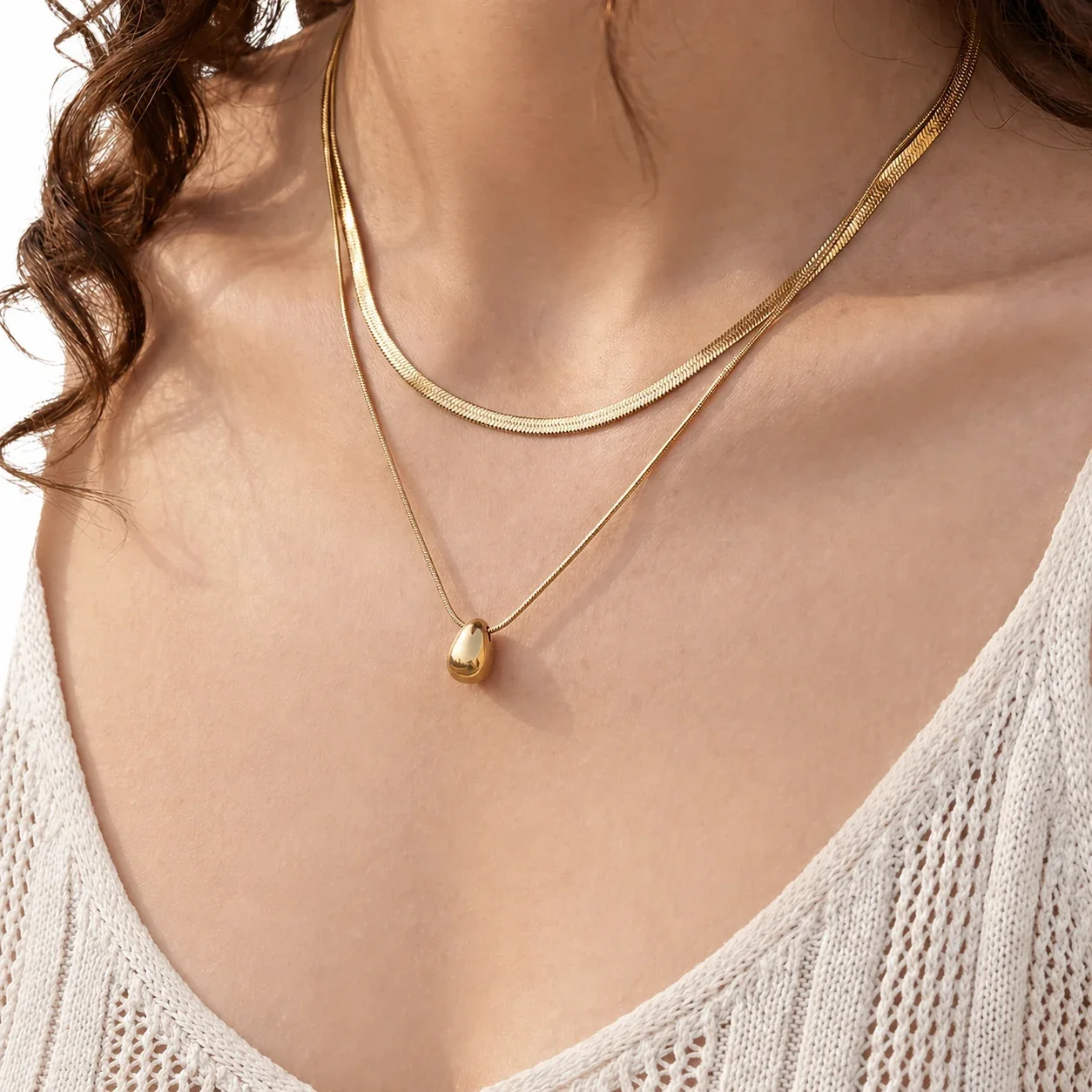 Polished 18K Gold-Plated Herringbone Teardrop Necklace