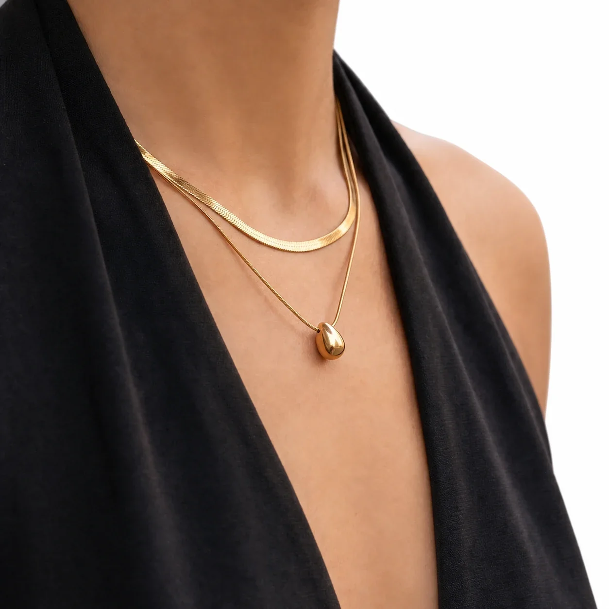 Polished 18K Gold-Plated Herringbone Teardrop Necklace