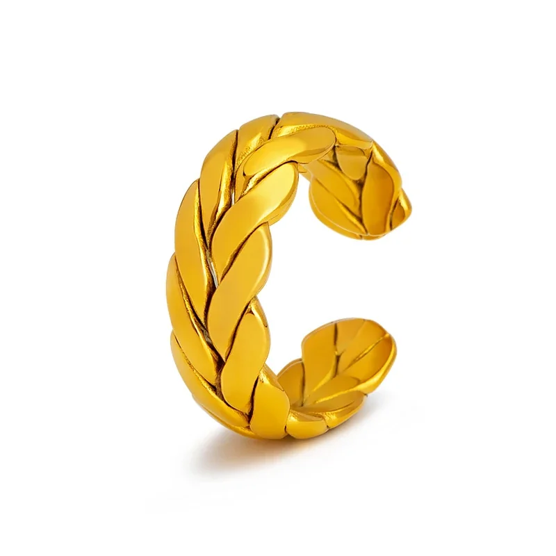 Sculpted Gold-Plated Stainless Steel Wheat Open Ring - Gold Wide Wheat