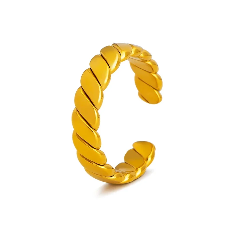 Sculpted Gold-Plated Stainless Steel Wheat Open Ring - Gold Twisted Bevel