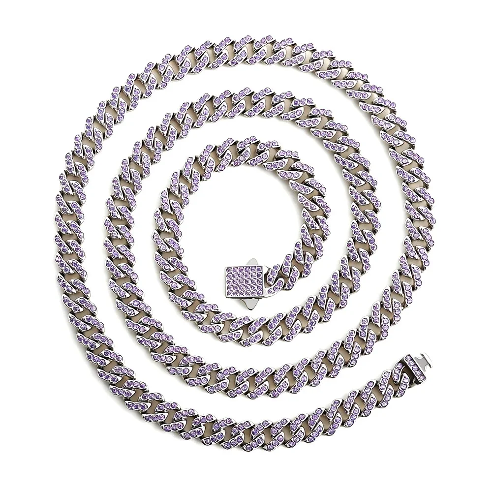 Iced 316 Stainless Steel Cuban Chain Necklace - Silver Square mm Blue CZ