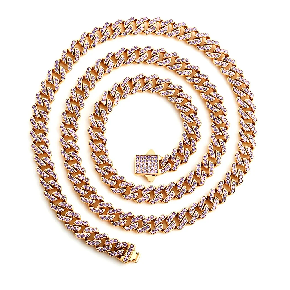 Iced 316 Stainless Steel Cuban Chain Necklace - Gold Square mm Blue CZ