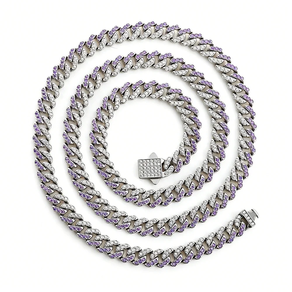 Iced 316 Stainless Steel Cuban Chain Necklace - Silver Square mm Blue and White CZ