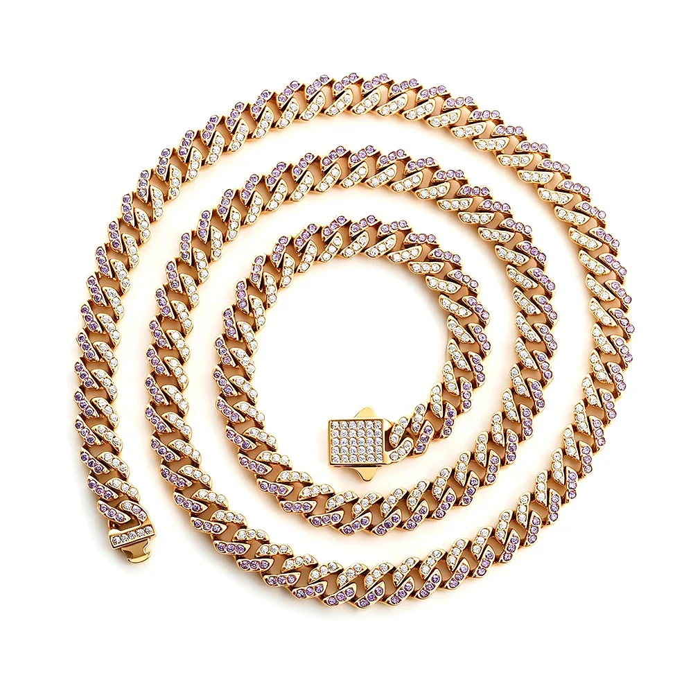 Iced 316 Stainless Steel Cuban Chain Necklace - Gold Square mm Blue and White CZ