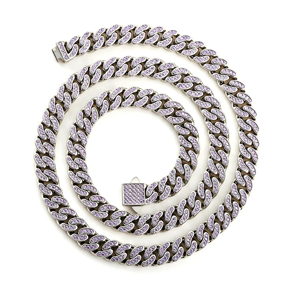 Iced 316 Stainless Steel Cuban Chain Necklace - Silver Curved mm Blue CZ