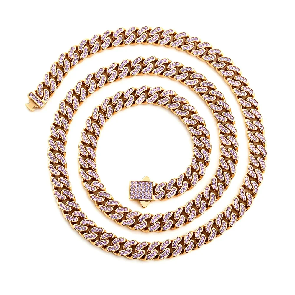 Iced 316 Stainless Steel Cuban Chain Necklace - Gold Curved mm Blue CZ
