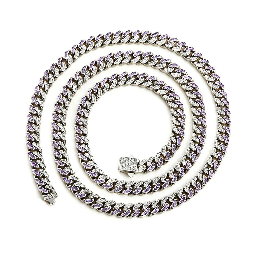 Iced 316 Stainless Steel Cuban Chain Necklace - Silver Curved mm Blue and White CZ