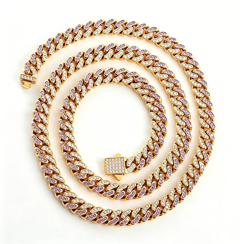Iced 316 Stainless Steel Cuban Chain Necklace - Gold Curved mm Blue and White CZ