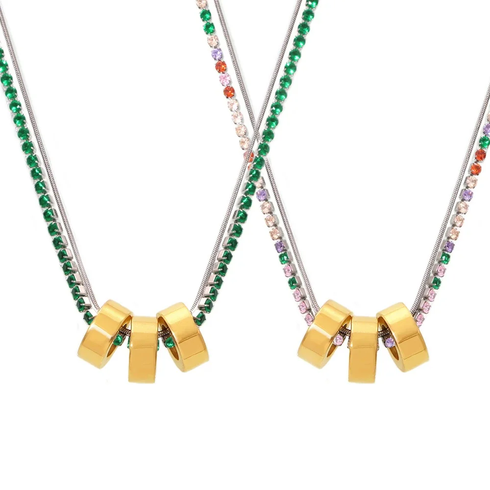Triple Ring 18K Gold-Plated 316L Stainless Steel CZ Chain Necklace
