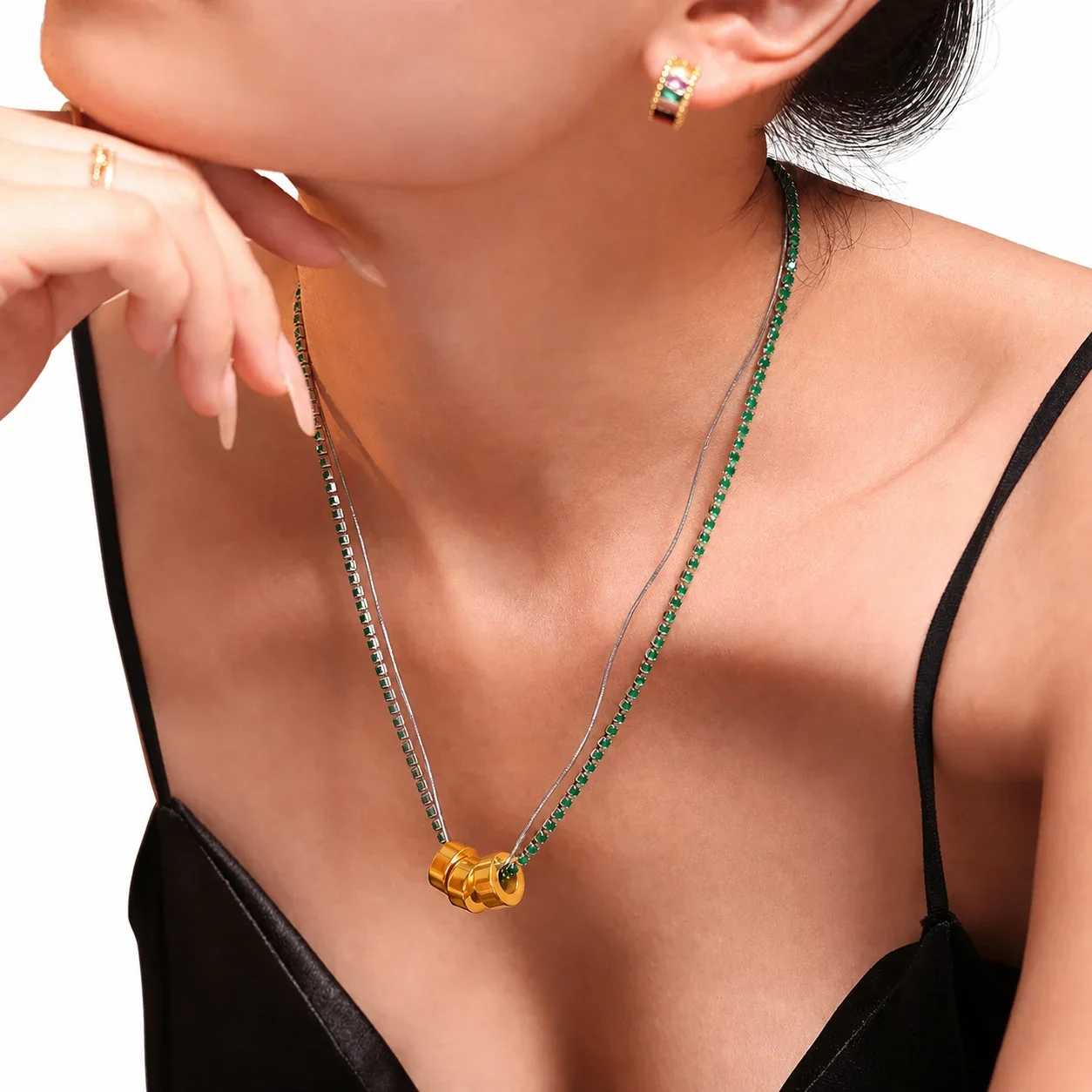 Triple Ring 18K Gold-Plated 316L Stainless Steel CZ Chain Necklace