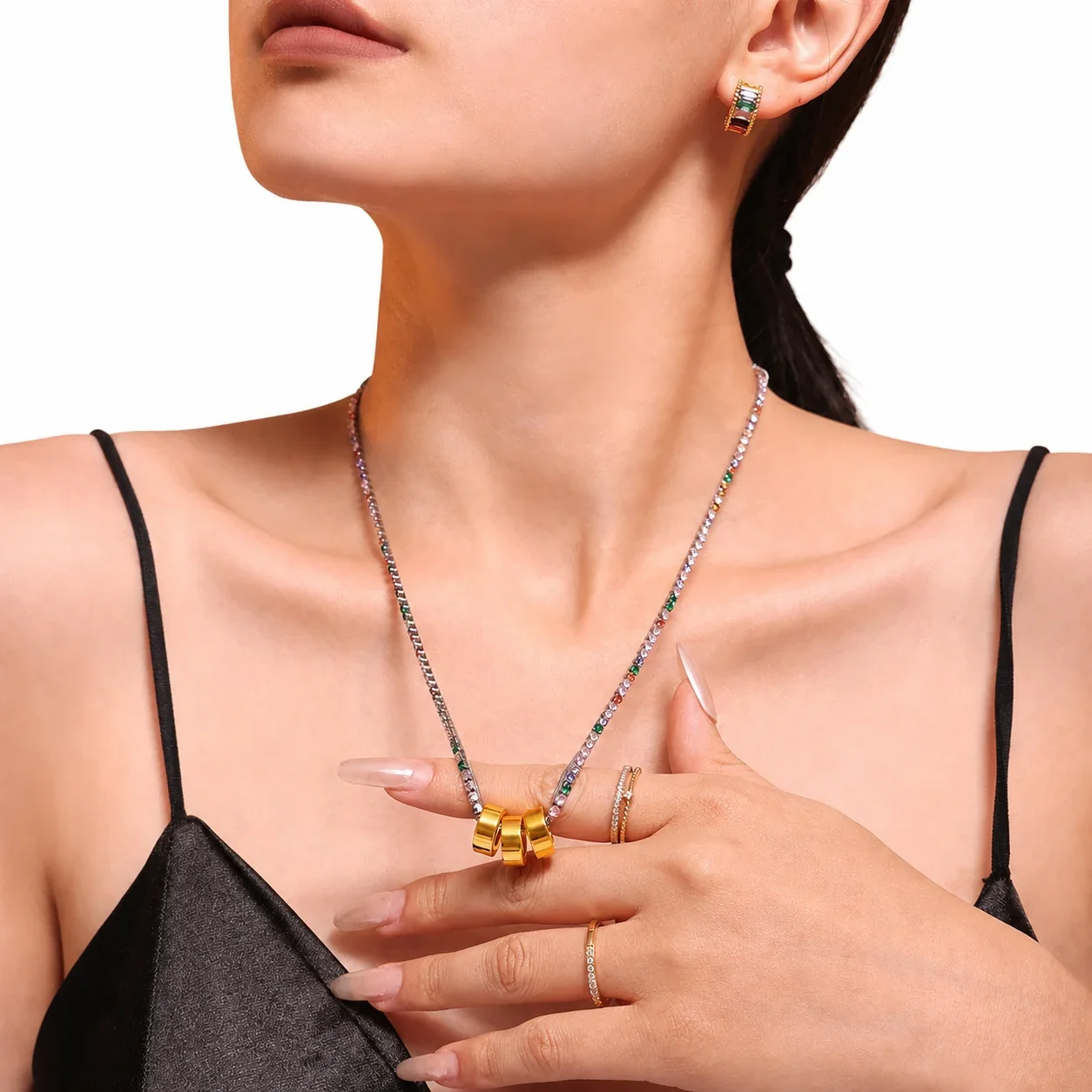 Triple Ring 18K Gold-Plated 316L Stainless Steel CZ Chain Necklace