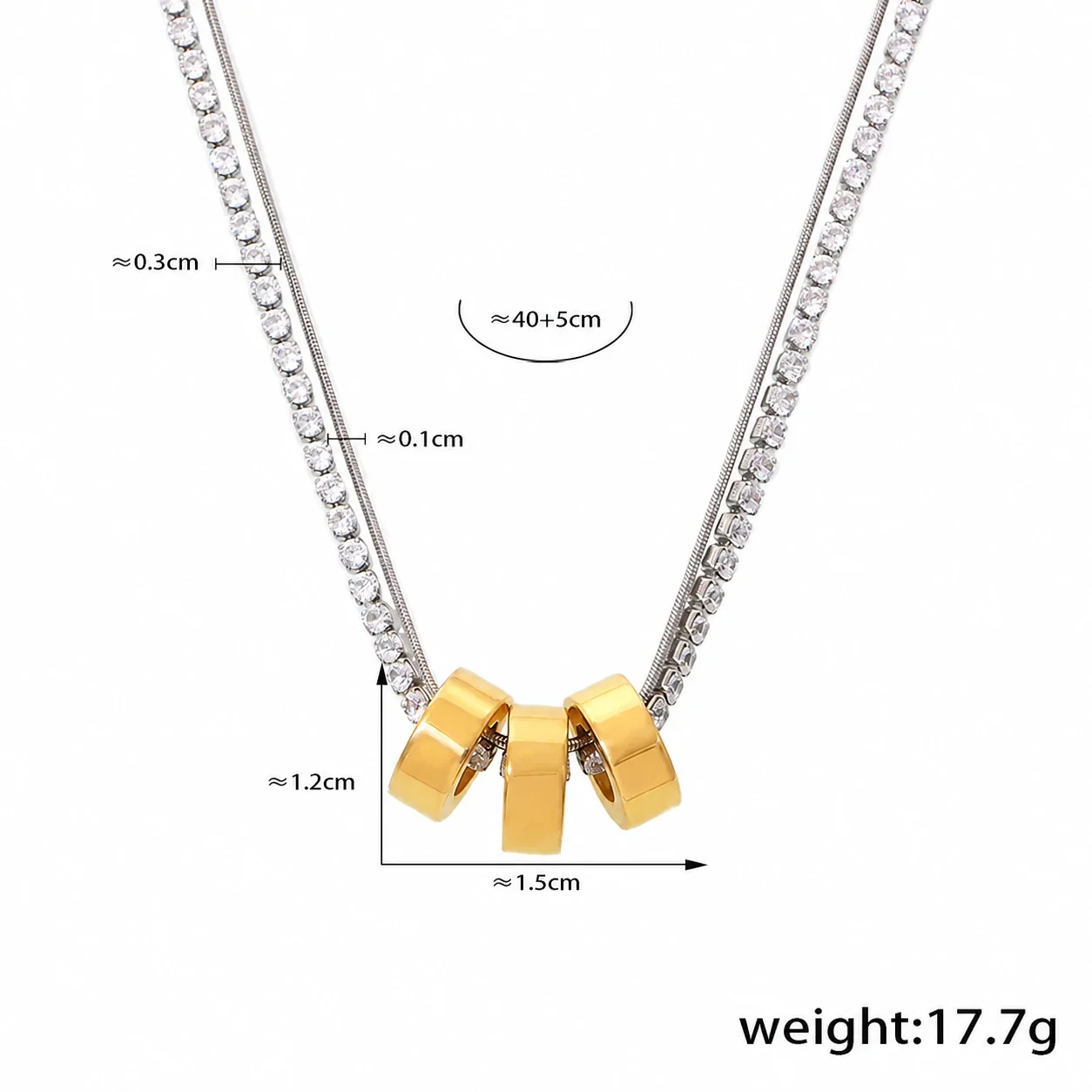 Triple Ring 18K Gold-Plated 316L Stainless Steel CZ Chain Necklace - Gold White CZ Double