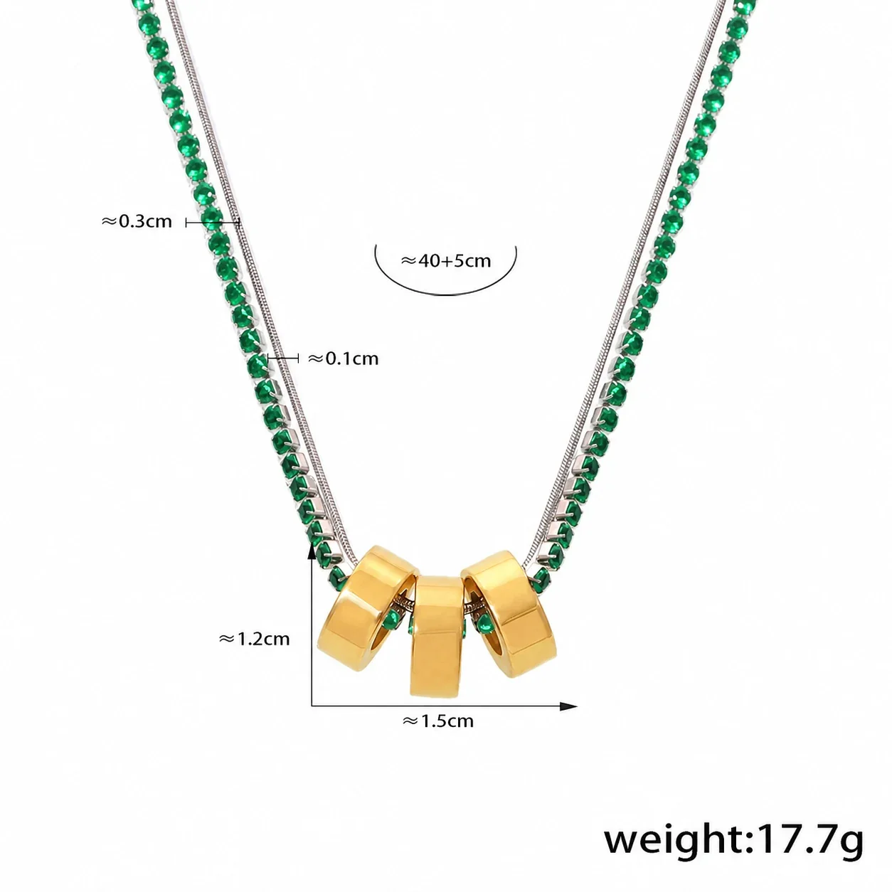 Triple Ring 18K Gold-Plated 316L Stainless Steel CZ Chain Necklace - Gold Green CZ Double
