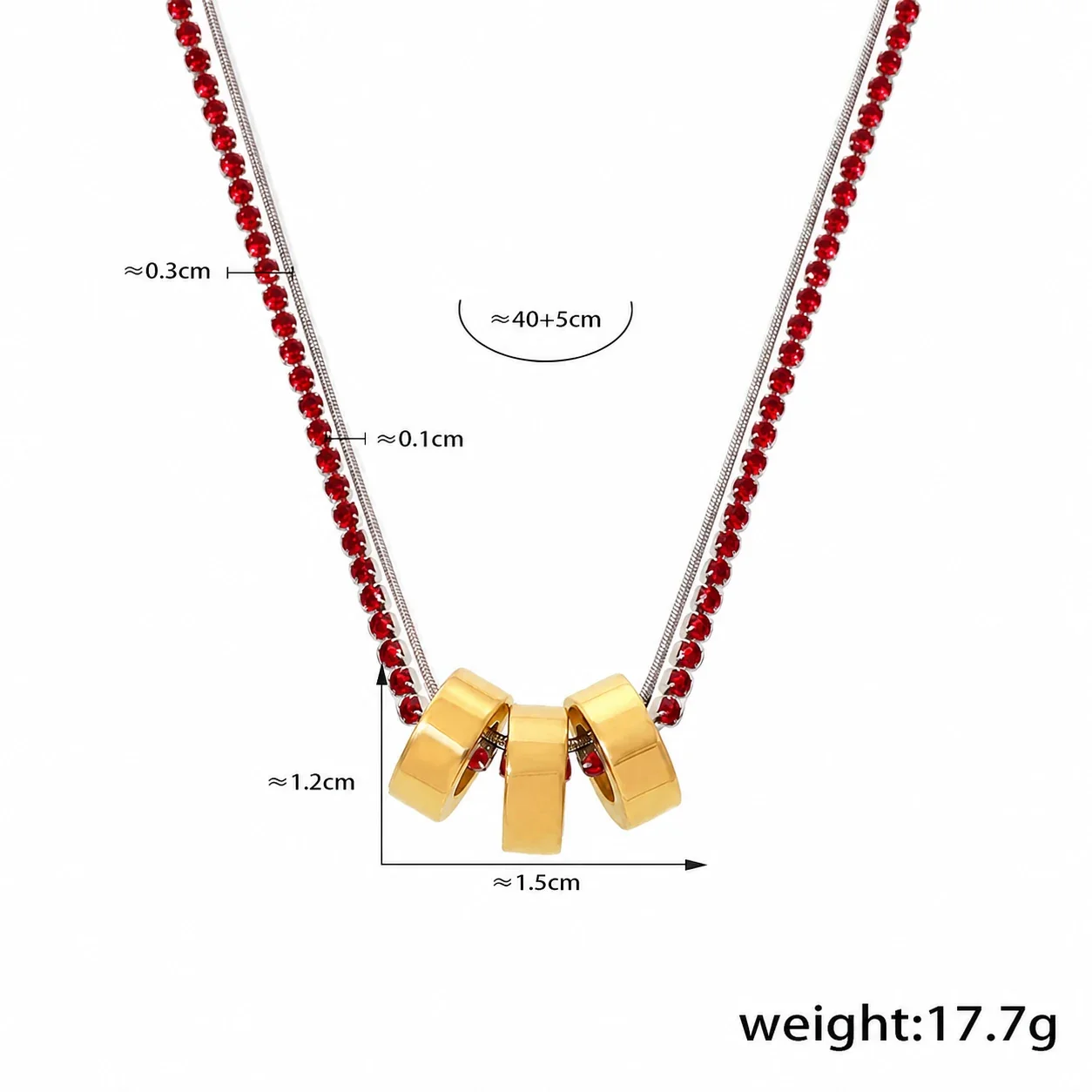 Triple Ring 18K Gold-Plated 316L Stainless Steel CZ Chain Necklace - Gold Red CZ Double
