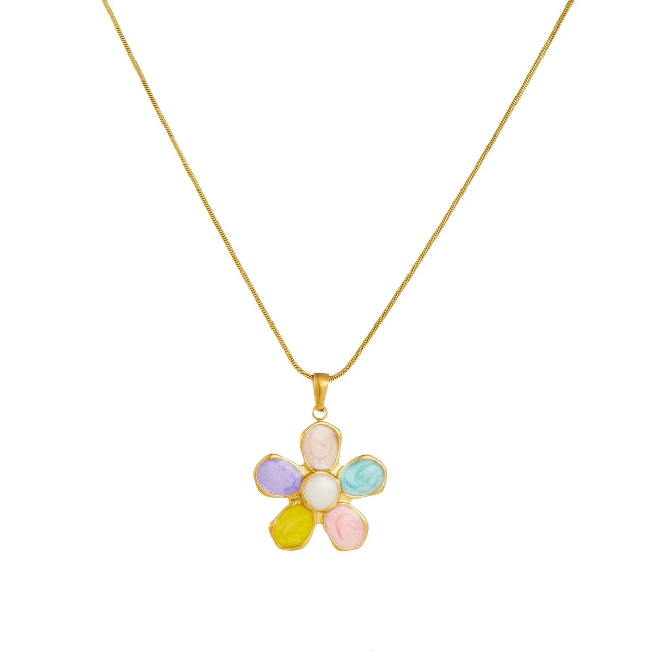 Flower Pendant Necklace with Enamel Petals, Gold-Plated Steel