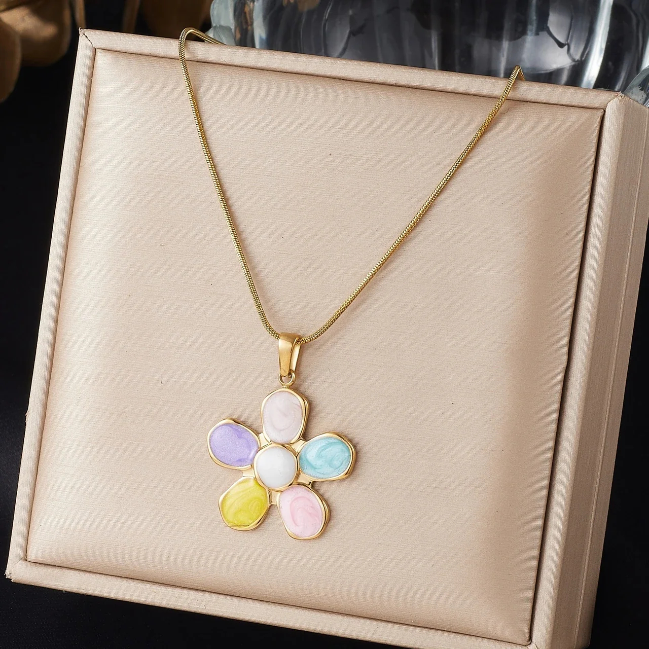 Flower Pendant Necklace with Enamel Petals, Gold-Plated Steel