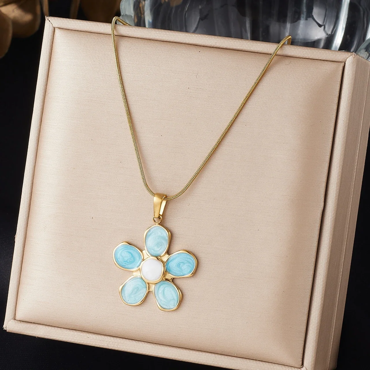 Flower Pendant Necklace with Enamel Petals, Gold-Plated Steel