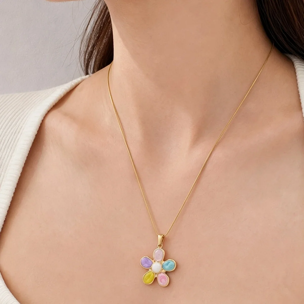 Flower Pendant Necklace with Enamel Petals, Gold-Plated Steel