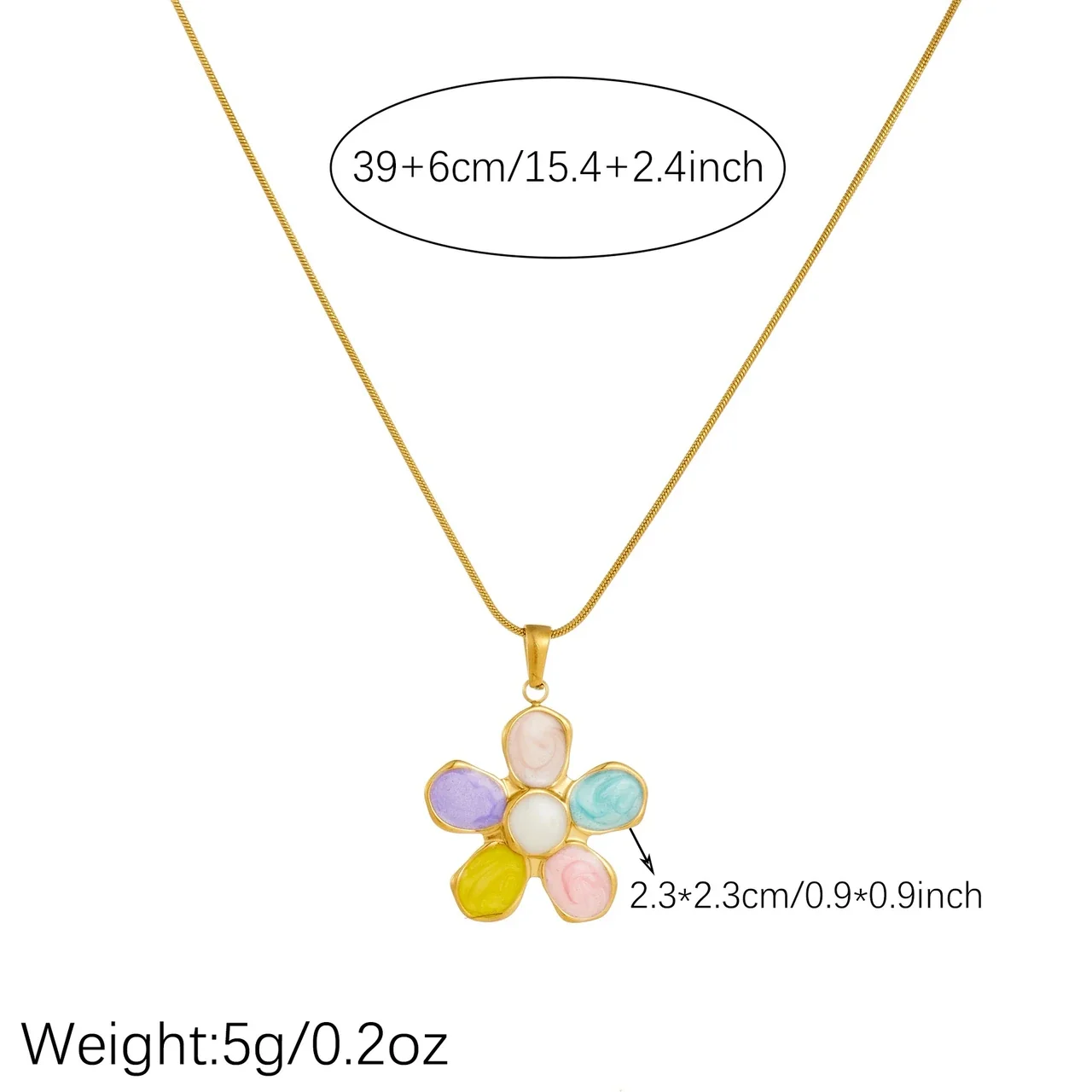 Flower Pendant Necklace with Enamel Petals, Gold-Plated Steel